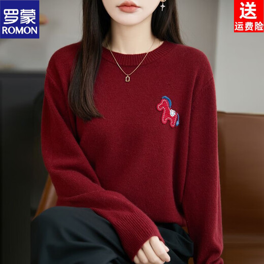 ROMON New Year's natal year cartoon pony age-reducing wool knitted top round-neck autumn and winter jacquard sweater to wear as a base to look slim New Year's red natal year embroidery L