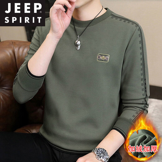 JEEP SPIRIT sweatshirt men's 2025 autumn and winter new men's long-sleeved T-shirt versatile inner layering shirt men's tops plus velvet 23429 black thickened 4XL about 170-185Jin Jin equals 0.5 kg can be worn