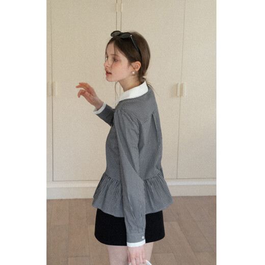 EGGKA doll collar ruffle design black plaid shirt women's French sweet top E25A60427YL black plaid S