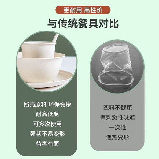 Rice husk series disposable tableware five-piece set (dishes, cups, saucers, spoons and chopsticks set) thickened picnic banquet barbecue white disposable tableware five-piece small bowl set (280 ml bowls, cups, saucers, spoons and chopsticks) 20-person set