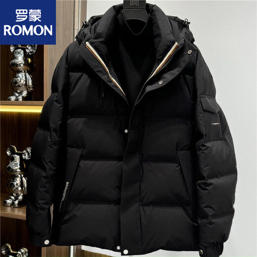 罗蒙（ROMON）高端羽绒服男2025冬季新款时尚轻奢帅气休闲加厚连帽保暖短外套潮 黑色 XL 180 145--155斤
