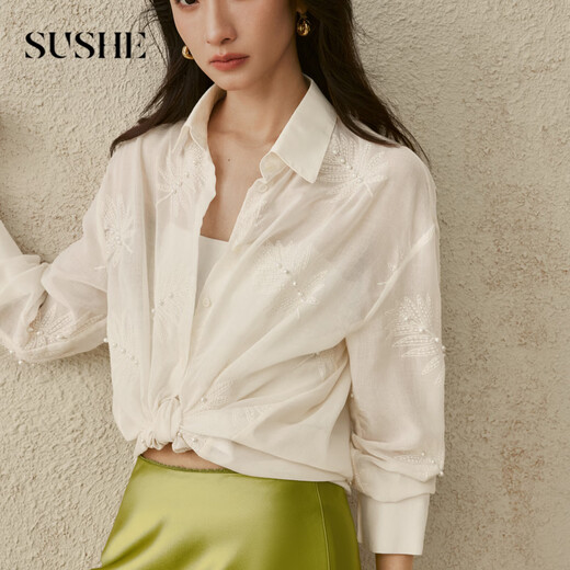 SUSHE Yingjing Bohemian heavy beaded embroidered cotton thin transparent holiday style drape loose shirt Ye Yubai S