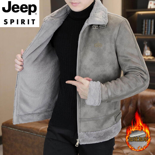 JEEP SPIRIT Autumn and Winter Buckskin Jacket Men's 2026 New Trendy Casual Velvet Thickened Lapel Printed Men's Jacket Black 3XL Suitable for 150-170 Jin Jin equals 0.5 kg