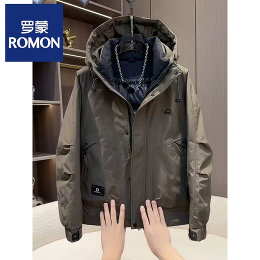ROMON workwear down jacket men's winter thickened American style jacket duck down hooded jacket men's warm and cold-proof beige XL recommended 140-155Jin Jin equals 0.5 kg