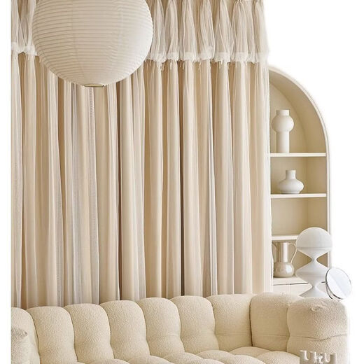 Fantasy double-layer blackout curtain cloth and gauze integrated princess style French milk tea color ins internet celebrity lace gauze hook-type finished product. Popular recommendation - gray cloth + gauze, free curtain head, Korean pleats, 3 meters open, 2.7 meters high (1.5*2.7 two pieces)