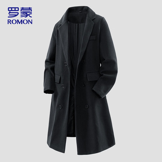 ROMON windbreaker men's woolen coat winter casual warm lapel loose mid-length coat black 2XL