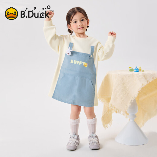 B.Duck Mosquito Repellent and Antibacterial Little Yellow Duck Children's Clothing Girls Dress Fake Two-piece Tops 2026 Spring Baby Girl Skirt Milk Apricot (7A Antibacterial + Anti-mosquito Technology) 90 cm