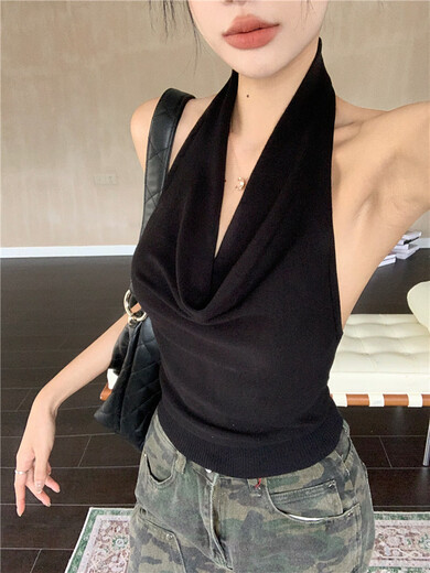 Hot girl sexy swing collar halter top for women summer slim design black sleeveless backless top for outer wear black one size