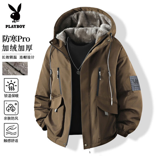Playboy (PLAYBOY) cotton coat men's winter velvet thickened jacket men's loose casual cotton coat trendy tops feather puffer jacket black XL recommended 130-150Jin Jin equals 0.5 kg