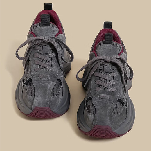 OLJ luxury high-end brand women's shoes thick-soled dad shoes 2026 new casual commuting color matching retro fashion sneakers gray red single lining 39