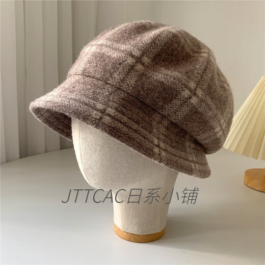 JTTCAC Japanese Retro Plaid Bailey Fisherman Hat Women's Autumn and Winter Temperament Woolen Basin Hat Showing Face Small Warm Baotou Hat Khaki 55-58cm (adjustable)
