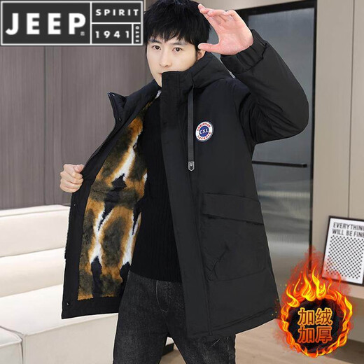 JEEP SPIRIT parka men's winter jacket plus velvet and thickened mid-length windproof jacket trendy winter warm cotton jacket for men 2801 black plus velvet and thickened XL 125-140Jin Jin is equal to 0.5 kg