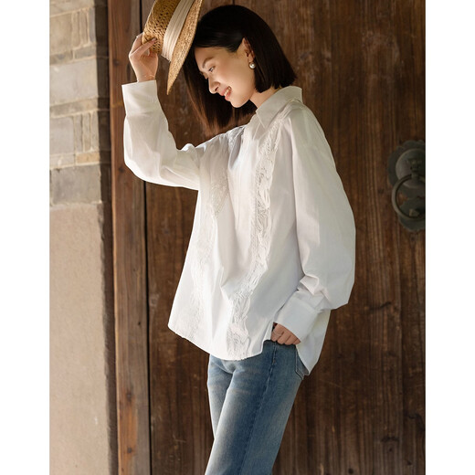 Demana 100 pure cotton spring cool and smart V-shaped lapel outer shirt lace decorated women's shirt