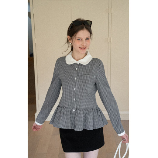 EGGKA doll collar ruffle design black plaid shirt women's French sweet top E25A60427YL black plaid S