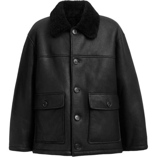 COACH solid color single-breasted lapel long-sleeved leather jacket for men black black M