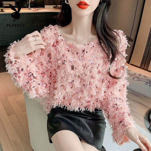 Playboy (PLAYBOY) sequined temperament sweater for women early spring round neck pullover sweater with chic French top underneath pink double layer Gary XL 105-120Jin Jin is equal to 0.5 kg