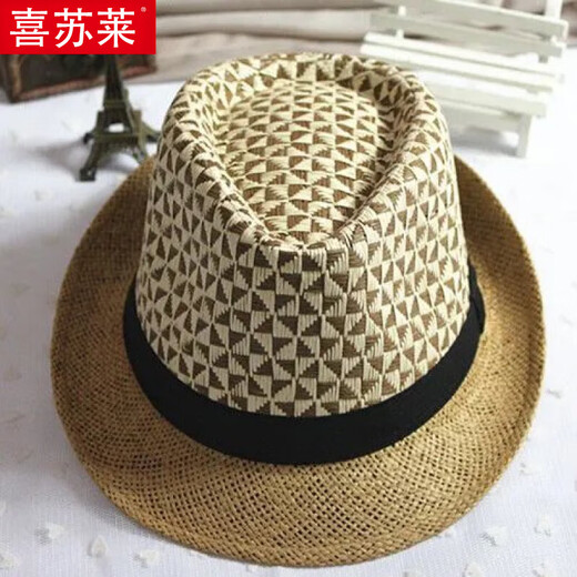 Xisu Lai various fashion retro plaid houndstooth unisex versatile linen contrast jazz straw hat sunshade hat coffee adult 58 head circumference