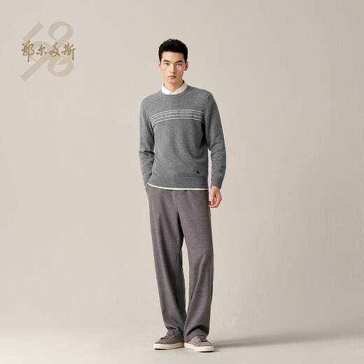 Ordos 1980 machine washable new pure cashmere round neck embroidered men's comfortable cashmere sweater 26 early spring elegant gray M 170/92A