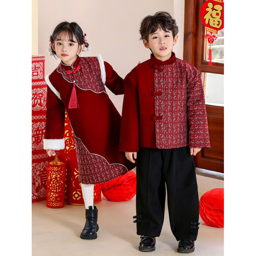 Disney New Year's greetings suit for boys, Tang suit, new Chinese style winter children's Chinese New Year, female cheongsam, kindergarten, New Year's Day children's performance clothing, new Chinese style long-sleeved cotton jacket + woolen pants 100 cm loose fit, don't be too big