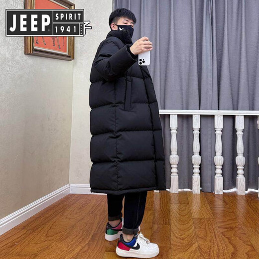 JEEP SPIRIT Jeep's new 95 down down jacket men's extended and thickened knee-length hooded women's winter clothing loose cold-resistant couple outer black XL
