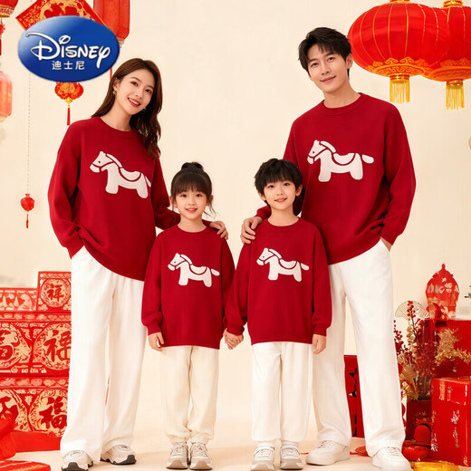 Disney (Disney) New Year's Parent-child Outfits 2026 New Trendy Family of Three or Four Year of the Horse Red New Year Clothes Festive New Year Thickened Sweater Fashion Red 100 Adult S Size (80-100Jin Jin is equal to 0.5 kg)