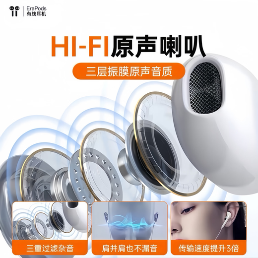 Guofang 2026 new US MFI certified wired headset type-c suitable for Apple iPhone17/16/15 tablet ipad semi-in-ear 3.5mm round hole noise reduction Type-C interface suitable for Apple 15-17 series mobile phones official new original certification HiFi lossless sound quality model
