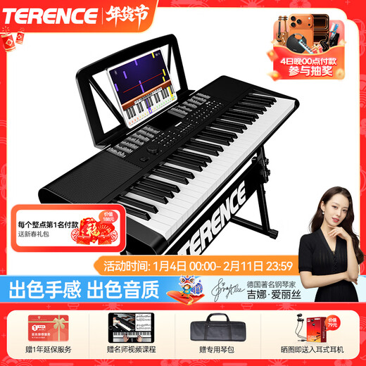 Terence electronic keyboard for adults and children with 61 keys, multifunctional portable musical instrument for beginners, holiday gift, classic black + Z-shaped piano stand + luxury gift bag