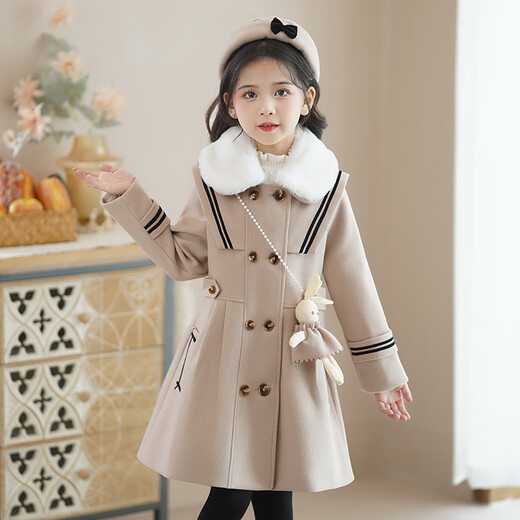 Disney (Disney) Mädchenmantel Winterwolle 2024 neuer Stil koreanischer Stil mittelgroßer gesteppter Wollmantel für kleine Mädchen 8886 Aprikosenhut + Kaninchen normaler Stil 150