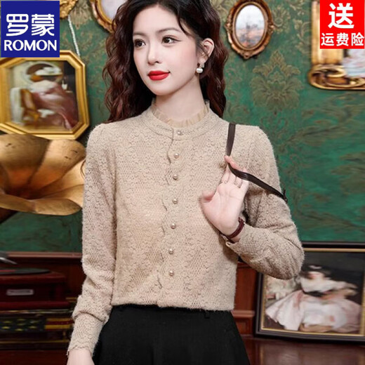 ROMON velvet thickened French lace shirt for women 2026 autumn and winter new style long-sleeved shirt bottoming shirt for women apricot regular style 2XL recommended 128-138Jin Jin equals 0.5 kg