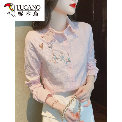 Woodpecker (TUCANO) Fashionable Embroidered Cotton Velvet Shirt Women's 2026 Spring and Autumn Clothing New Long Sleeve Cotton Shirt Women's Fashion Tops Blue S