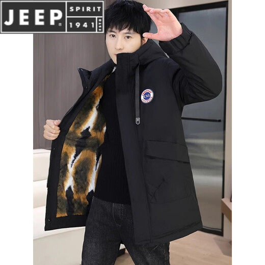 JEEP SPIRIT parka men's winter jacket plus velvet and thickened mid-length windproof jacket trendy winter warm cotton jacket for men 2801 black plus velvet and thickened XL 125-140Jin Jin is equal to 0.5 kg