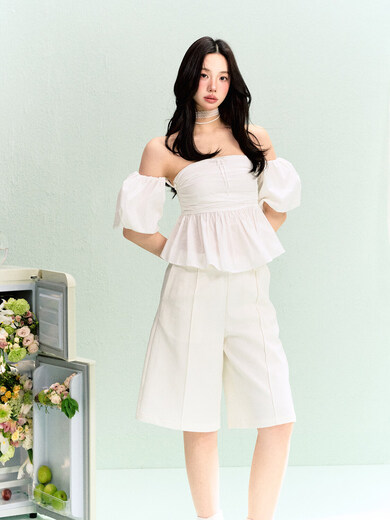 LA LUNE DU CIEL French white tube top with flower buds, waisted short-sleeved top for women, summer simple and elegant shirt, size S