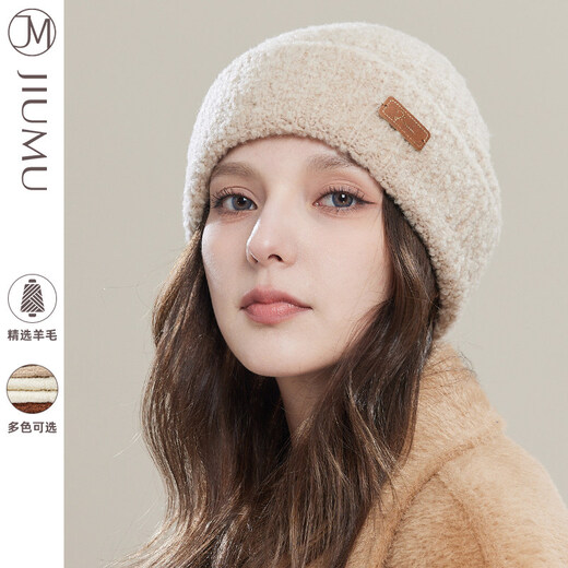 JIUMU wool hat for women in autumn and winter, Korean style, versatile, thickened, warm, ear-protecting, cold-proof woolen hat, knitted plush cold hat, beige, one size fits all (56-60cm)