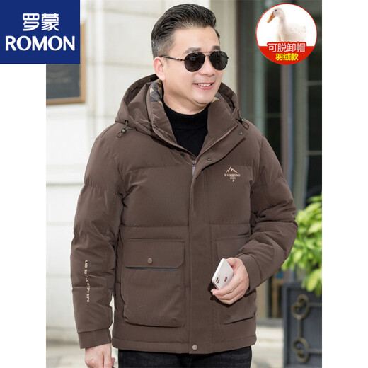 罗蒙（ROMON）2025年冬季中老年爸爸羽绒服男新款加厚连帽中年男士冬装保暖外套 咖啡色 3XL 185 适140-160斤