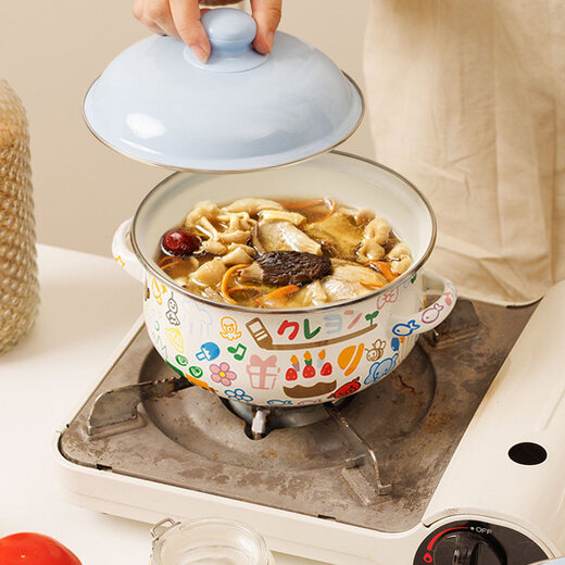 Jingyan enamel cute instant noodles with lid, noodle pot for home kitchen, high-looking lard jar, double ear jar, small enamel, cartoon blue lid enamel pot set (three in total, large, medium and small)