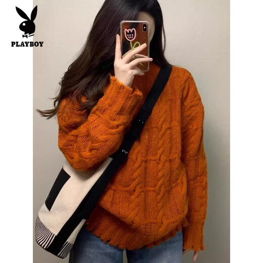Playboy (PLAYBOY) French Retro Pumpkin Orange Twist Sweater Women's Autumn and Winter New Casual Soft Waxy Gentle Wind Lazy Knitted Top Women Orange S Recommended 80-95Jin Jin is equal to 0.5 kg