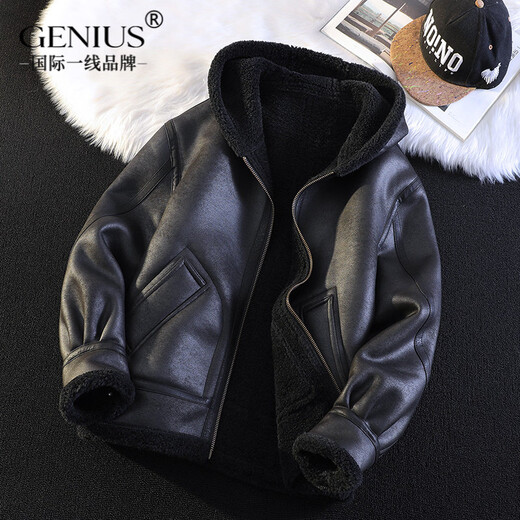 GENIUS international first-line brand fur integrated men's winter hooded velvet thickened leather jacket short motorcycle jacket leather jacket for men black M 90-115Jin Jin is equal to 0.5 kg
