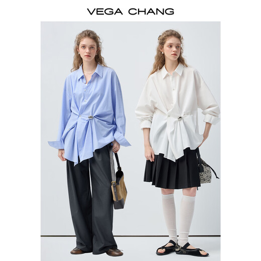 VEGA CHANG Pure white loose-cut Tencel striped shirt for women 2026 new spring design loose shirt French white S
