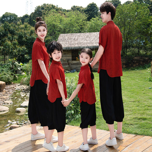 Fangtou loves each other, family portrait clothes, Republic of China style parent-child clothing, summer family portrait, Hanfu T-shirt trend 1 red single top 90 children (16-23Jin Jin is equal to 0.5 kg)
