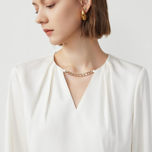 Langzi v-neck long-sleeved top women's shirt temperament commuting high-end spring French fashion shirt