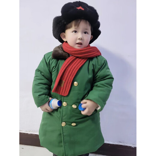 Burwilde international brand children's green military coat cotton thickened mid-length coat children's winter clothing thickened warm baby green single-piece military coat 140 cm