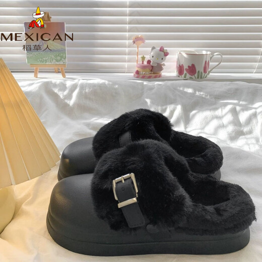 Scarecrow Genuine Leather Cashmere Plush Cotton Slippers Women's Outerwear 2026 Autumn and Winter New Thick Soled Shoes Baotou Half Slippers Beige 36