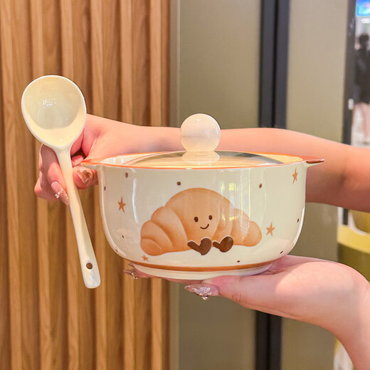 Shijanu new product ins high-looking Internet celebrity fruit croissant ceramic instant noodle bowl with lid double-ear soup bowl student dormitory 6.5-inch instant noodle bowl-brown croissant (without lid)