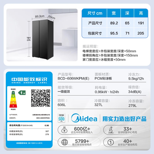 Midea 606-liter side-by-side refrigerator, first-class energy efficiency air-cooled, frost-free and odor-free, dual-frequency conversion, ultra-large capacity, large freezer BCD-606WKPM(E) national subsidy