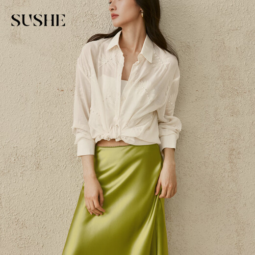 SUSHE Yingjing Bohemian heavy beaded embroidered cotton thin transparent holiday style drape loose shirt Ye Yubai S