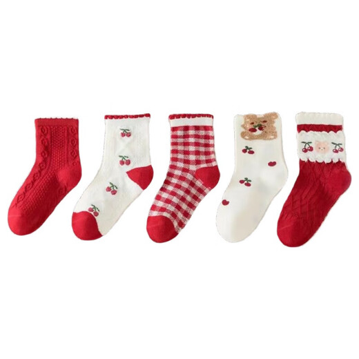 Girls' socks, autumn and winter combed cotton, children's autumn and winter lace socks, girls' baby winter socks, mid-calf red socks, F8070 Cherry Bear, 10 pairs, one size fits all, 6-8 years old, recommended shoe size 25-31