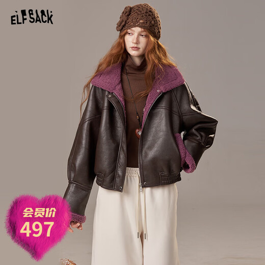 Fairy's Pocket Retro Jacket Plush Cotton Leather Jacket Women's 2025 Winter New Contrast Color Fur One-piece Jacket Retro Brown L