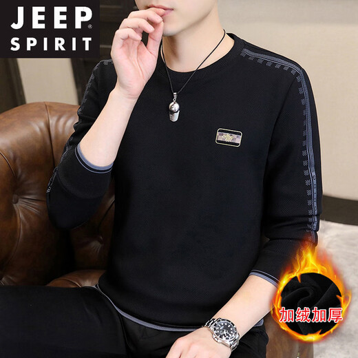JEEP SPIRIT sweatshirt men's 2025 autumn and winter new men's long-sleeved T-shirt versatile inner layering shirt men's tops plus velvet 23429 black thickened 4XL about 170-185Jin Jin equals 0.5 kg can be worn