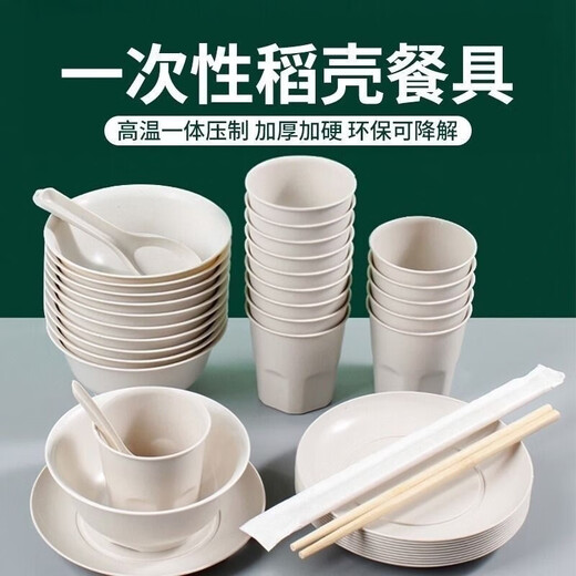 Rice husk series disposable tableware five-piece set (dishes, cups, saucers, spoons and chopsticks set) thickened picnic banquet barbecue white disposable tableware five-piece small bowl set (280 ml bowls, cups, saucers, spoons and chopsticks) 20-person set