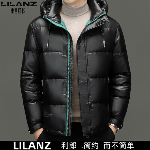 利郎（LILANZ）羽绒服男冬季休闲连帽短款上衣羽绒服青年加厚亮面男士外套潮 黑色 M 170